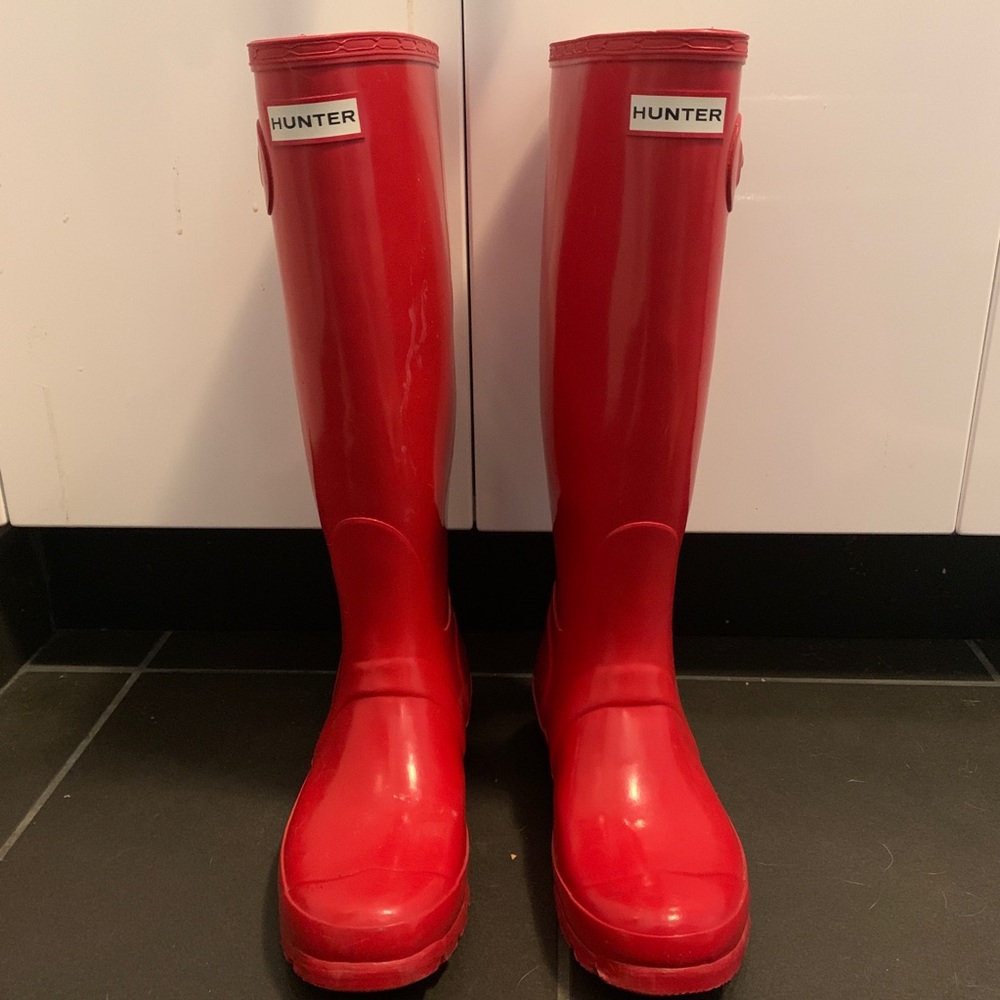 Tall red hunter gloss rain boots